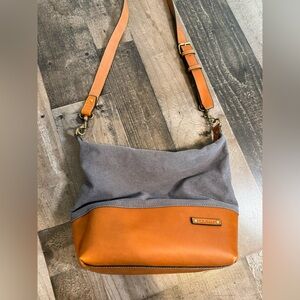 L.L.Bean Canvas Leather Crossbody Bag Tan Brown Gray Adjustable Strap Zip Top